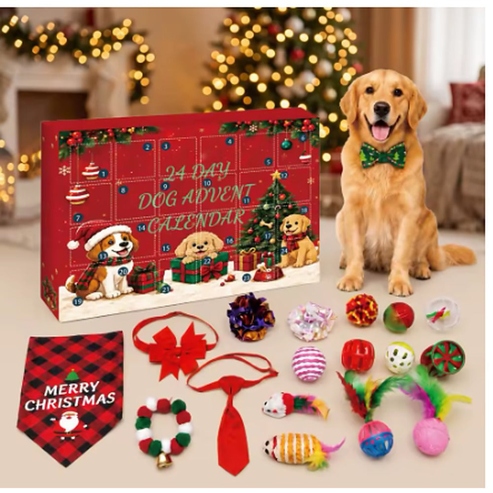 Dog advent calendar with 24 doors, a golden retriever in a bow tie and the toys and accessories inside