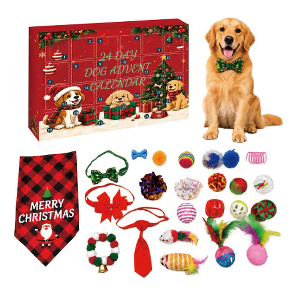 Everything in the dog advent calendar: Christmas bandana, bow ties, necktie, pom-pom collar and small toys